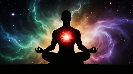 woman meditating in lotus position, enveloped in brilliant cosmic energy and vibrant colors | wellness, spirituality, fitness, mindfulness, nature theme