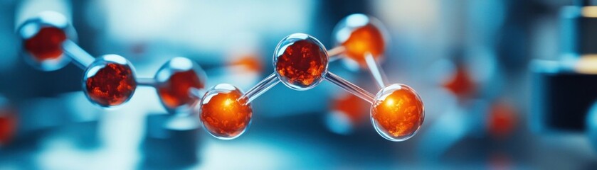 Close-up of a molecular structure with transparent bonds and glowing orange spheres connected in a chain against a blue blurred background