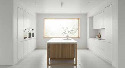 Fototapeta premium Modern White Kitchen Island with Large Window.