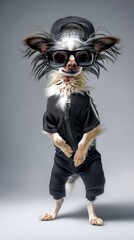 Cool chihuahua dog standing upright in streetwear with sunglasses and cap