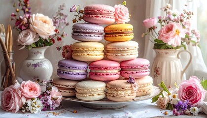 Pastel macarons in a layered pyramid with fresh roses in vases, a sweet treat presented on a table near a window