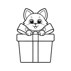 Cute Fox Coloring Page Cartoon Animal in Gift Box Illustration for Kids