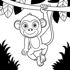 Monkey Coloring Page Jungle Animal Hanging from Tree Illustration for Kids
