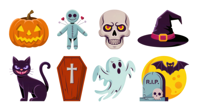 Spooky Halloween icons featuring a grinning jack-o'-lantern, eerie ghost, wicked black cat, and a tombstone with bat and moon for festive decorations