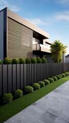 Modern architectural design home showcases stylish exterior with geometric details and pristine