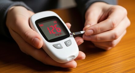 Person holding blood glucose meter while inserting test strip for blood sugar monitoring at home
