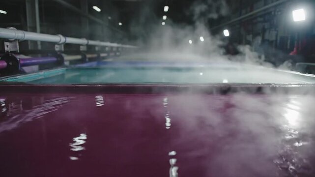 Industrial Anodizing Process: Steaming Purple Chemical Bath in a Modern Manufacturing Plant