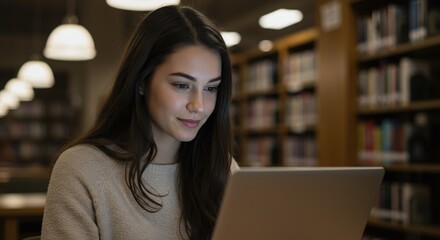 laptop user library concept. Focused woman studying in a library with a laptop.