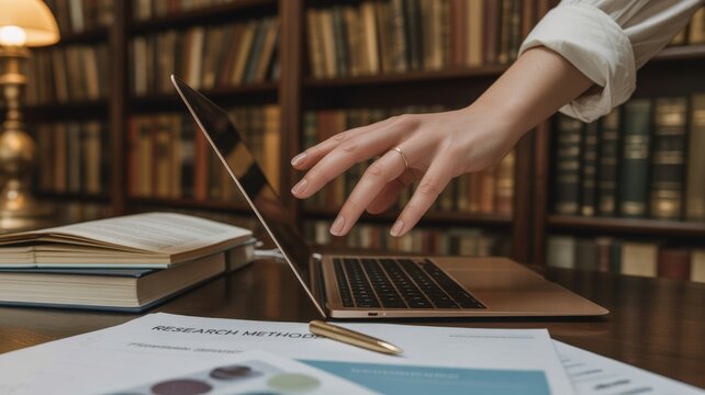 laptop user library concept. Hand reaching for a laptop in a library setting with books in the background.