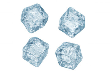 Fototapeta premium Spinning crystal-clear ice cubes rotating against pristine white backdrop, highlighting crystalline texture for beverage marketing