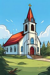 Naklejka premium an AI Image Generator, Illustration of a Church with Red Roof in a Forest Setting