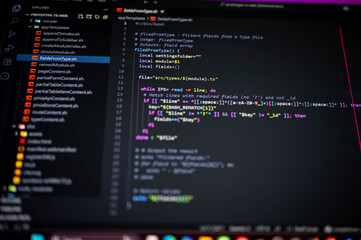 Close-up of colorful Bash shell script code on screen showing fieldsFromType.sh with variables, regex, and while loop, symbolizing DevOps, automation, programming, and digital technology background.