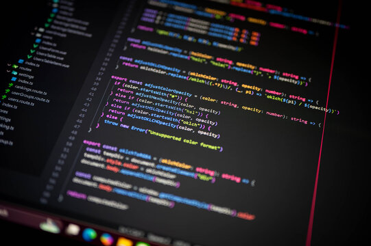 Colorful programming code on screen showing adjustColorOpacity, adjustHexOpacity, adjustHSLOpacity, and okLCH functions, symbolizing frontend development, UI design, and digital technology.