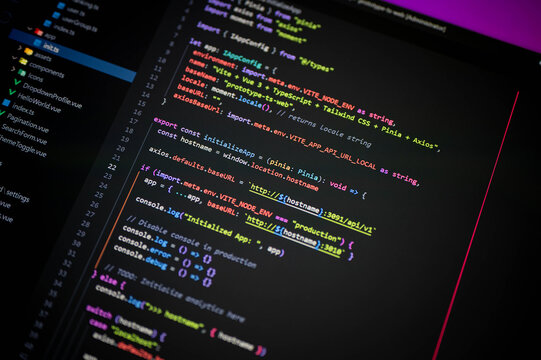 Colorful programming code on screen showing Vite, Vue 3, TypeScript, Tailwind, Pinia, and Axios configuration, symbolizing frontend development, web applications, and modern digital technology. - Powered by Adobe