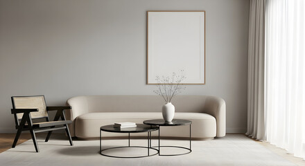 Modern minimalist living room interior design beige sofa armchair coffee table neutral tones