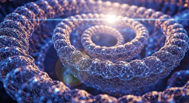 Complex interconnected digital network forming a spiraling abstract design concept background - Powered by Adobe