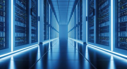 Futuristic server room with blue neon lights illuminating advanced computing infrastructure