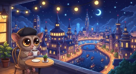 Obraz premium A whimsical tarsier enjoys a coffee break overlooking a fantastical night cityscape with