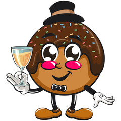 cute chocolate ball mascot character vector illustration wearing a hat and bow tie raising a wine glass, work of hand drawn