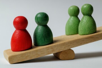 Two red and two green wooden figures on a seesaw