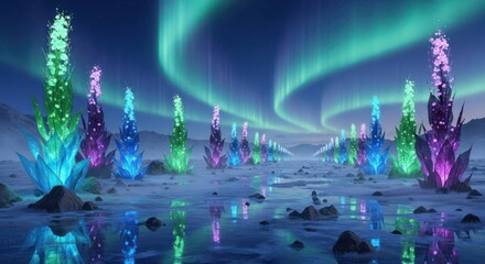 Obraz premium Enchanting crystal formations under ethereal aurora borealis shimmering reflection landscape