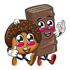 cute chocolate ball mascot character vector illustration walk with a chocolate bar character while giving thumbs up, work of hand drawn