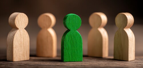 A single green wooden figurine stands out amongst a group of beige wooden figurines on a dark wooden surface