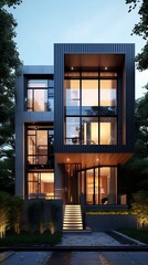 Modern architectural elegance: An illuminated urban residence at dusk, amidst lush green foliage