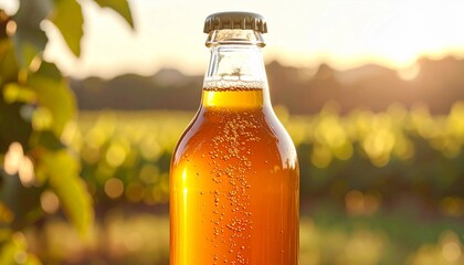 Kombucha in a glass bottle with rising bubbles, warm natural light