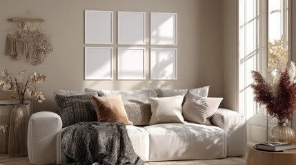 Bright Cozy Living Room Sofa with Cushions and Decorative Plants in Natural Light