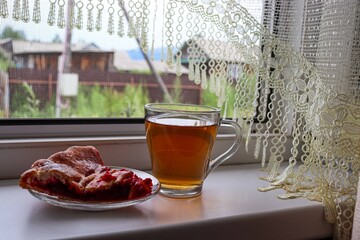 A cup of tea and a cherry pie. Recreation and life in the village. Vacation.