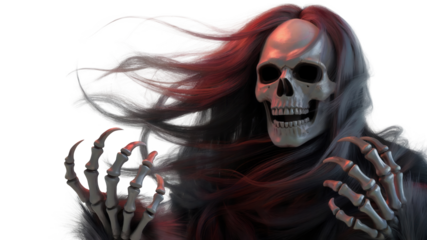 Terrifying skeletal figure with flowing hair and clawed hands reaching out, embodying fear and the macabre for Halloween or horror themes