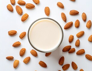 Enjoy creamy almond milk in a glass surrounded by scattered almonds for a healthy lifestyle concept