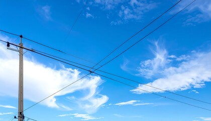 Utility poles and wires against a blue sky