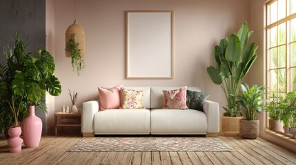 Bright Cozy Living Room with White Sofa and Large Green Plants in Natural Light