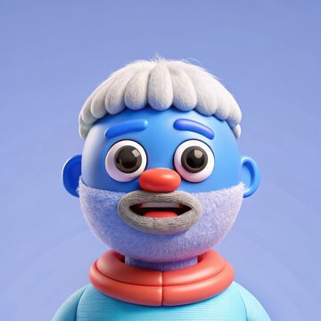 Whimsical blue character head with open mouth and goofy expression
