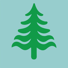 simple green pine tree silhouette with stylized wavy branches on blue background, minimal nature design element for christmas, winter, forest and holiday themed projects