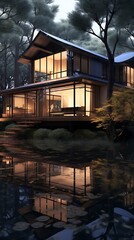 Modern architectural marvel: A luminous house reflected in a tranquil forest pond showcase