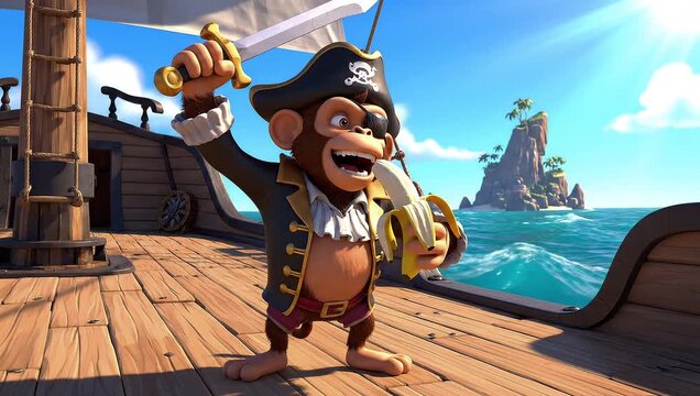 Cartoon monkey dressed as a pirate, holding a sword and banana on a ship deck, with an island in the background.