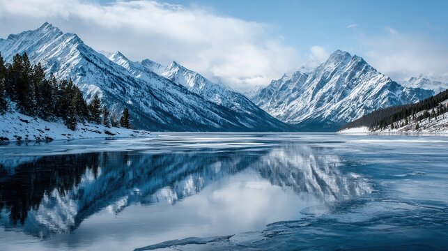 Majestic snow capped mountains reflected in a frozen lake under a cloudy sky - Powered by Adobe