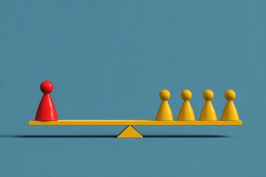 Red figure balanced against yellow figures on a seesaw