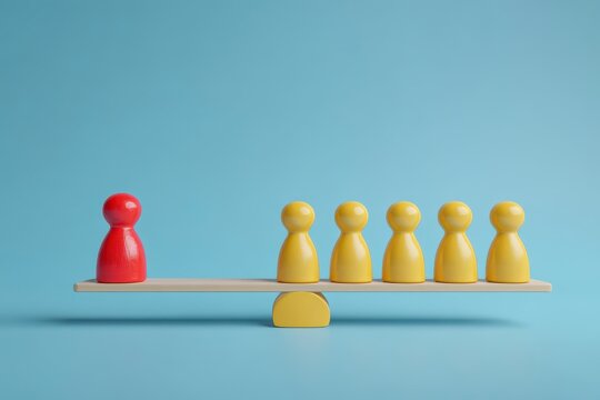 Red figure on seesaw with yellow figures