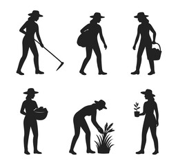 Silhouette set of women farmers working in fields, carrying baskets, planting, harvesting and gardening activities on white background for agriculture design.