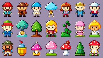 Pixel art characters and objects