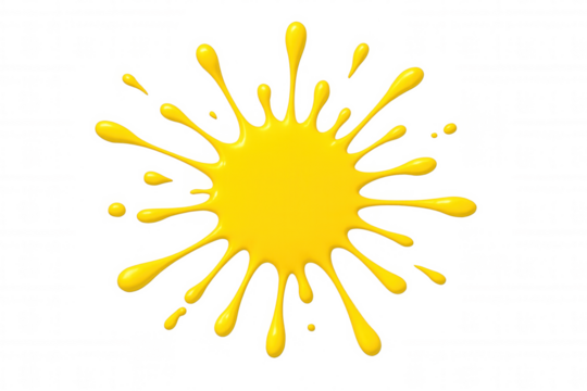 Bright yellow paint splattering on a transparent background, creating a vibrant and dynamic visual