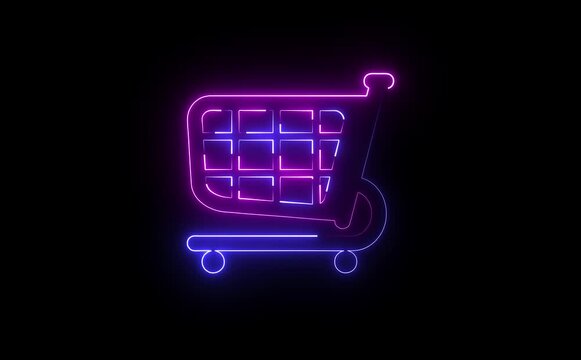 A neon trolley icon glowing in bright green and purple, featuring a minimalist shopping cart outline with wheels, representing online shopping, convenience, and vibrant digital commerce.
