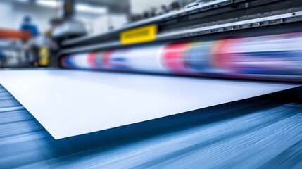 A polished stainless-steel printing press rapidly printing a vibrant multi-colored sheet.
