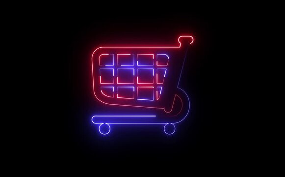 A neon trolley icon glowing in bright green and purple, featuring a minimalist shopping cart outline with wheels, representing online shopping, convenience, and vibrant digital commerce.
