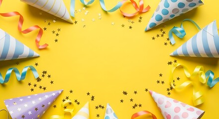 Party Hats and Confetti on Yellow Background.