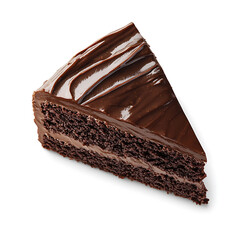 A slice of chocolate cake with glossy chocolate frosting and layered sponge